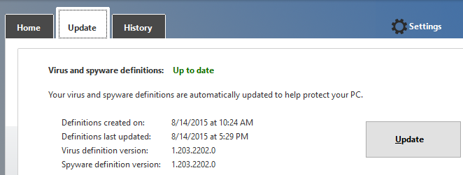 update tab in Windows Defender