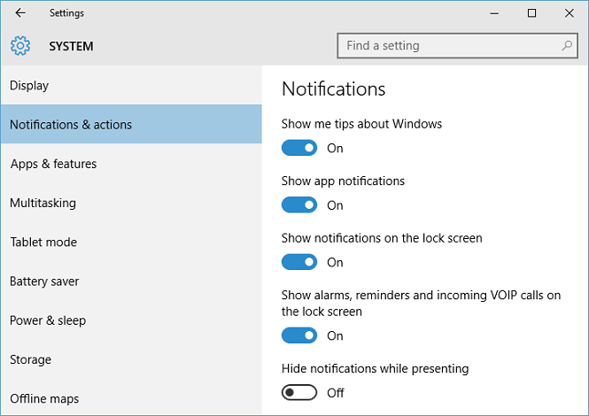 Notifications and actions screen