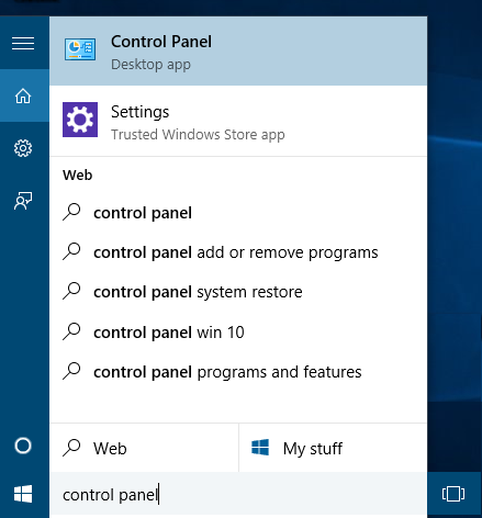 open control panel from cortana search results