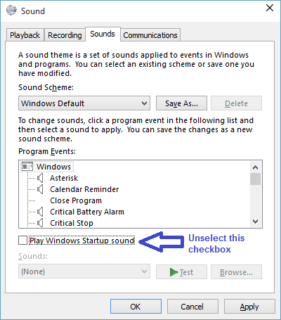 uncheck 'Play Windows Startup Sound' 