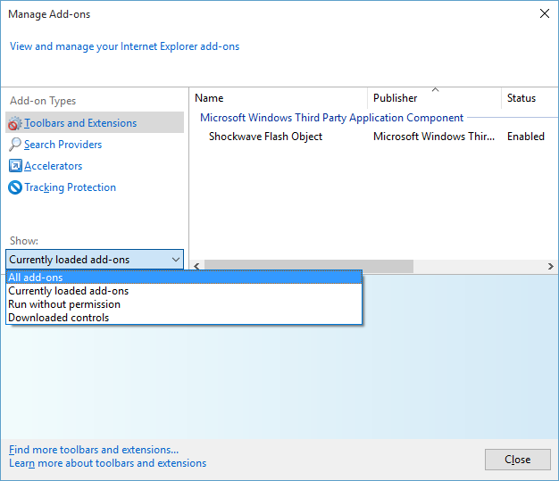 Internet explorer Manage ad-ons