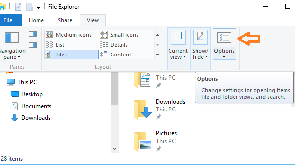 open folder option from view menu