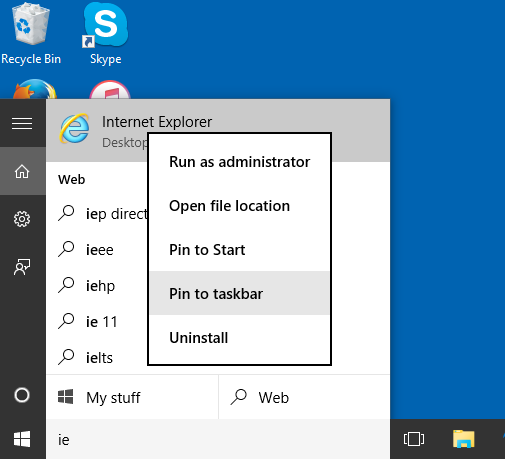 internet explorer pin to taskbar