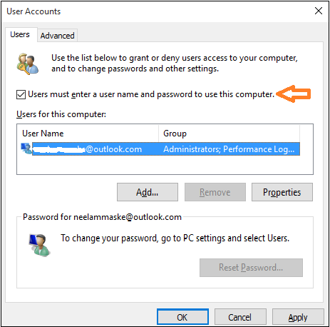 uncheck username password checkbox