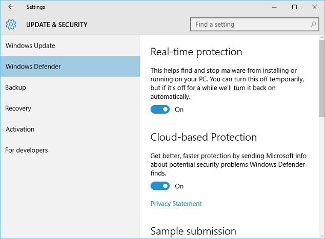 Windows Defender Settings