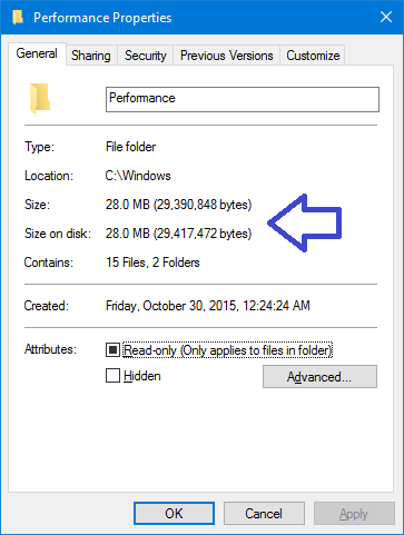 folder properties window with size details