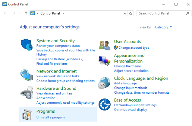 Control panel uninstall a program