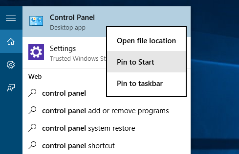 Pin control panel to start or taskbar