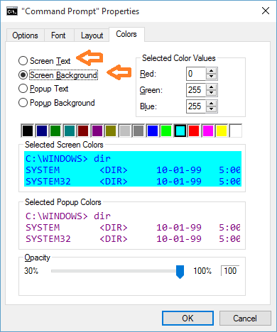 change command prompt background color and text color